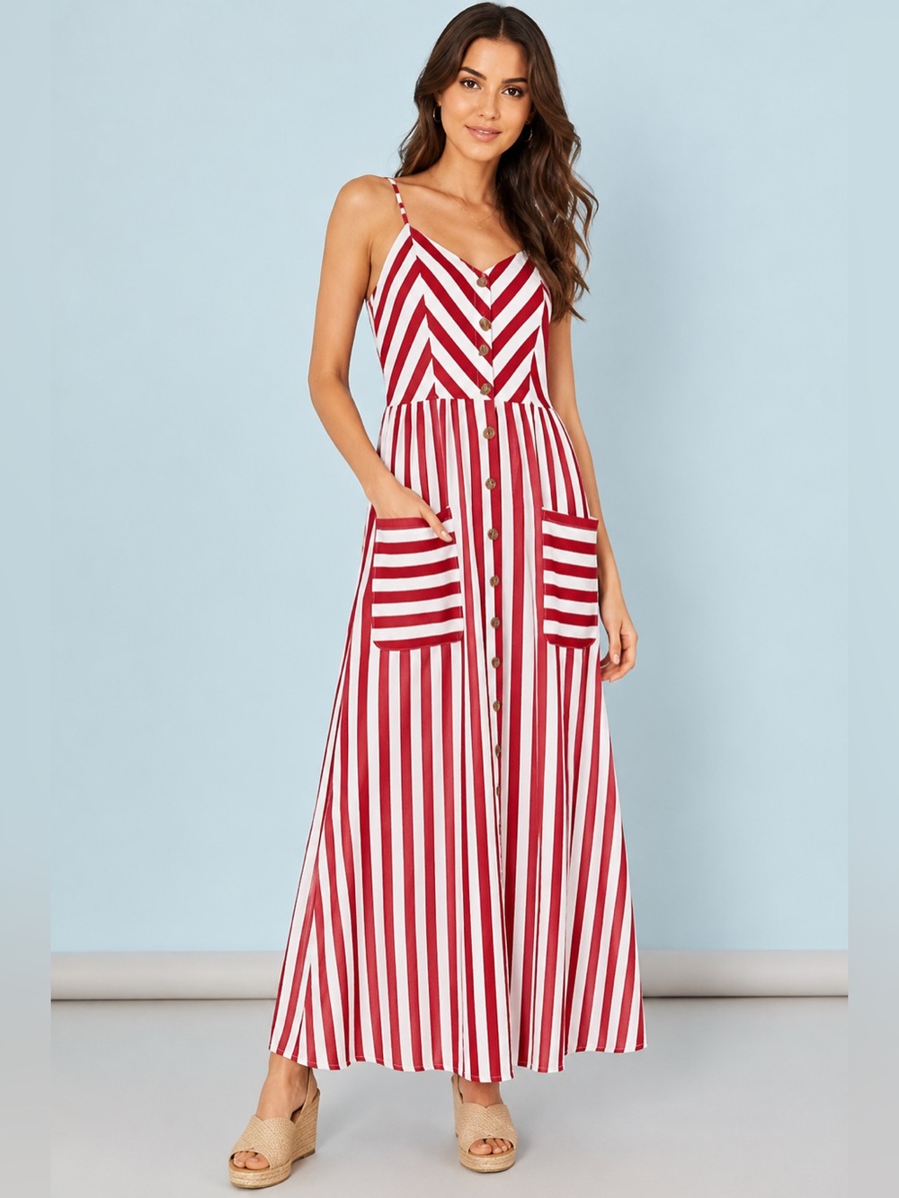 ZARA ZAFUL RED & WHITE STRIPE SPAGHETTI STRAP LONGER DRESS SIZE MEDIUM or 6